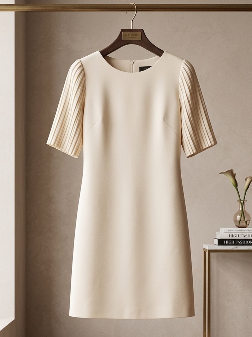 Sandro Ferrone Roma Cream Pleated-Sleeve Midi Dress
